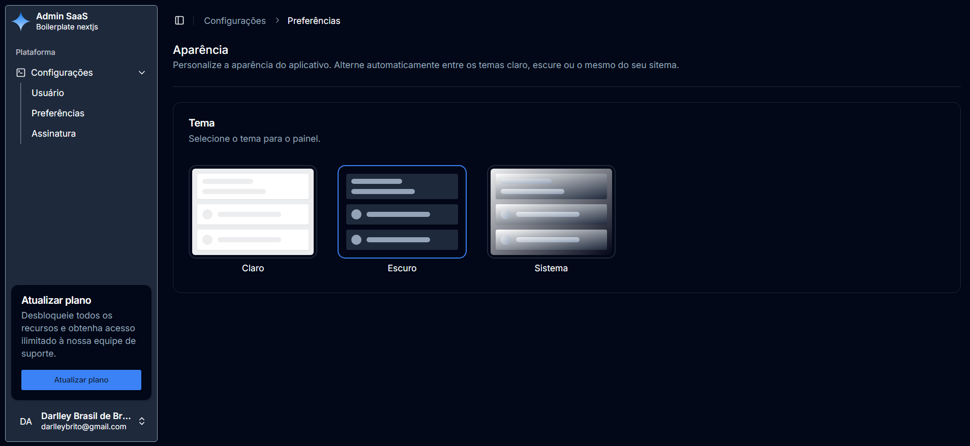 Dasboard página de configuração das preferências