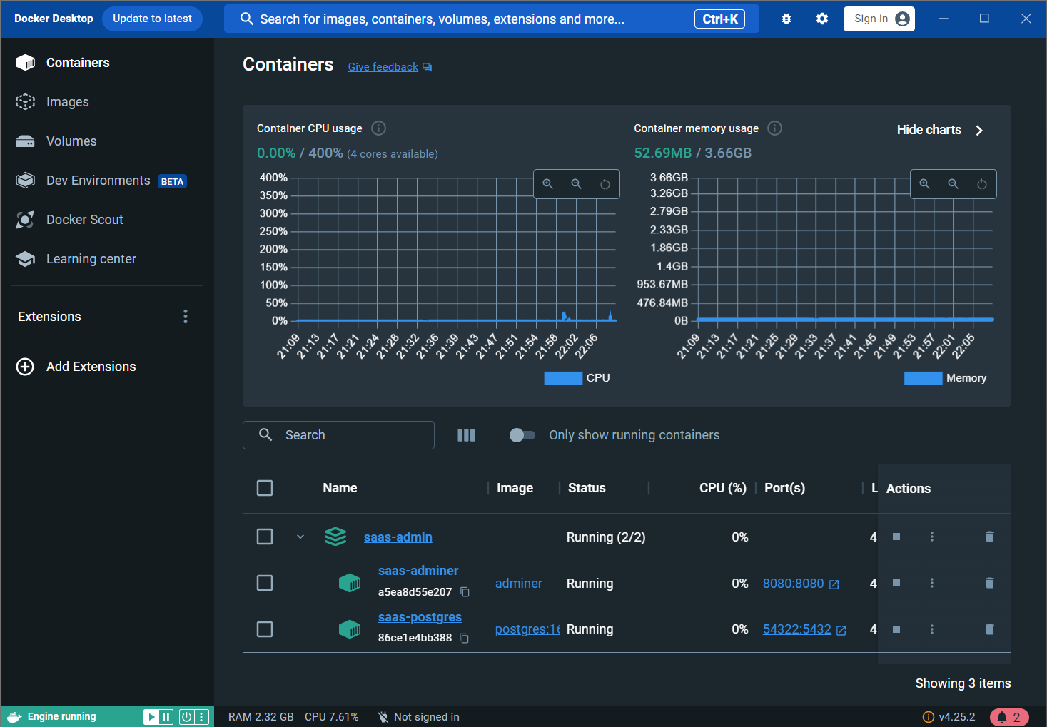 Container postgrSQL e Adminer